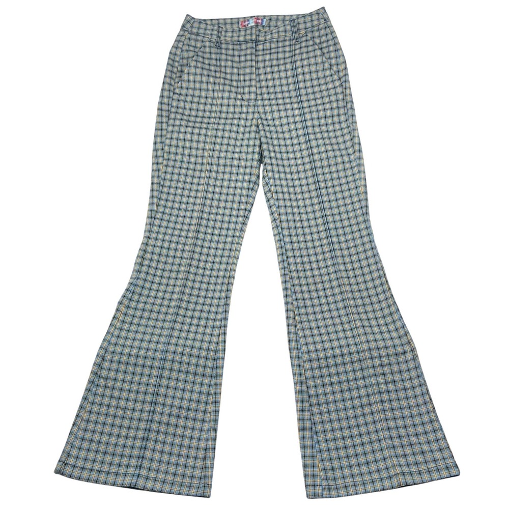 Urban Outfitters Plaid Flared Pants Womens Sz 0 Navy Yellow Academia Scene Indie